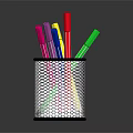 Colorful Writing Pens in Black Mesh Pen Holder for Office Desk