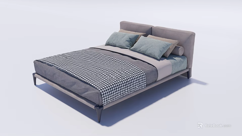 Modern Double Bed With Upholstered Headboard Gray Pillows And Checkered Bedspread 3d model