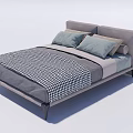 Modern Double Bed With Upholstered Headboard Gray Pillows And Checkered Bedspread 3d model