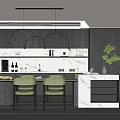 Modern Restaurant Kitchen Interior With Dark Cabinets Marble Countertops Green Chairs And Hanging Lights