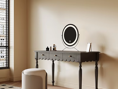 Elegant Dressing Table With Round Mirror Padded Stool And Drawers In Bedroom 3d model