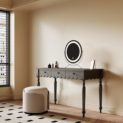 Elegant Dressing Table With Round Mirror Padded Stool And Drawers In Bedroom 3d model