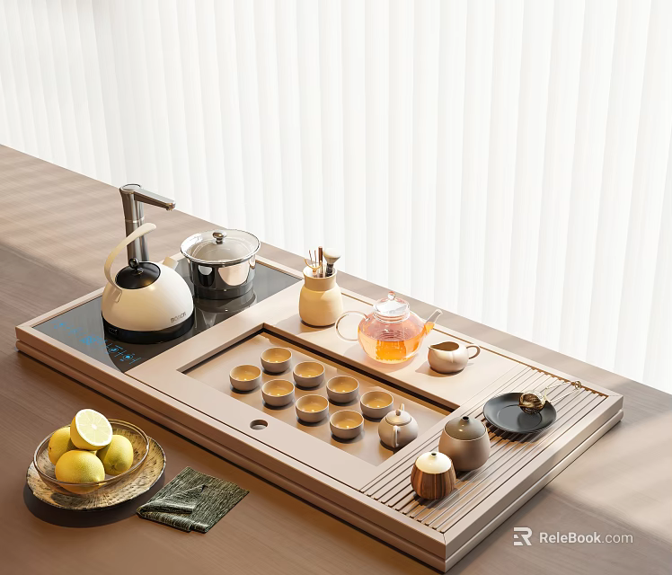 Elegant Tea Set with Teapot Tray Tea Cups Lemons and Green Cloth on Wooden Table 3d model 