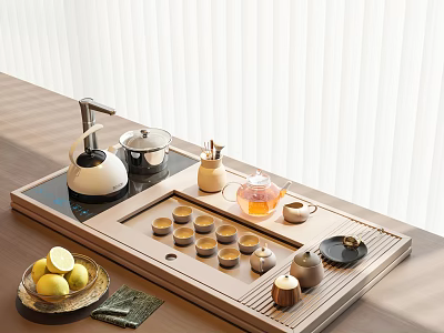 Elegant Tea Set with Teapot Tray Tea Cups Lemons and Green Cloth on Wooden Table 3d model