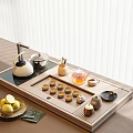 Elegant Tea Set with Teapot Tray Tea Cups Lemons and Green Cloth on Wooden Table