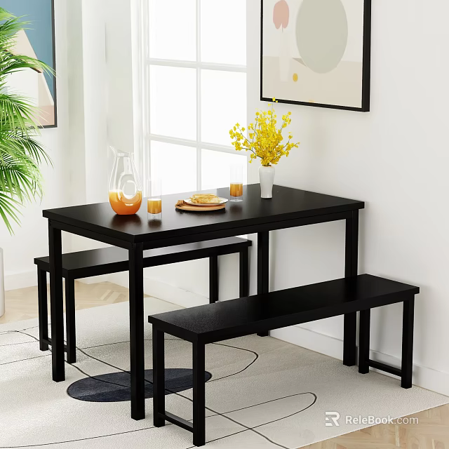 Modern Black Dining Table Set With Bench Vase Yellow Flowers Pitcher And Plant 3d model 