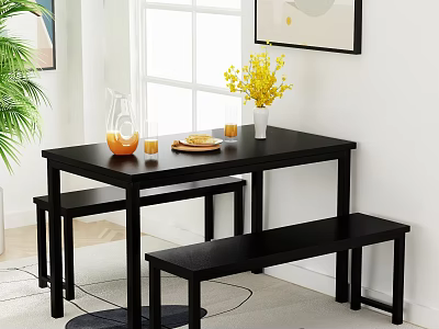 Modern Black Dining Table Set With Bench Vase Yellow Flowers Pitcher And Plant 3d model