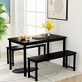 Modern Black Dining Table Set With Bench Vase Yellow Flowers Pitcher And Plant