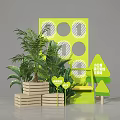 Modern Green Window Display With Circular Patterns Plants Wooden Stacks And Promotion Elements 3d model