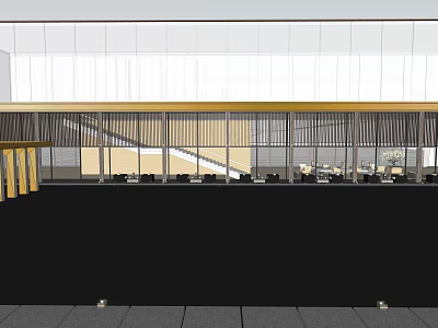 Modern Building Exterior Featuring Large Glass Windows Yellow Columns And Indoor Seating 3d model