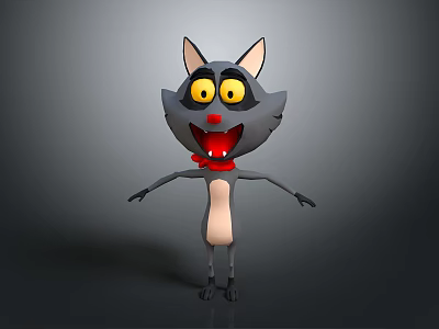 Gray Cartoon Cat With Big Yellow Eyes Red Bowtie And Outstretched Limbs In Cheerful Pose 3d model
