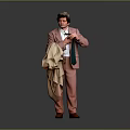 Man In Pink Suit Holding Beige Coat And Green Tie Against Gray Background