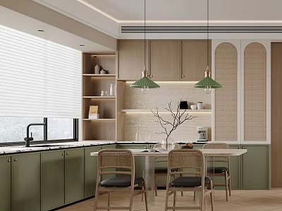 Modern Restaurant Interior Design With Green Cabinets Wooden Table Rattan Chairs Pendant Lights And Window 3d model