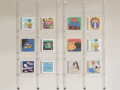 Colorful Cartoon Artworks Arranged In Transparent Grid Wall Display Frame 3d model