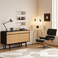 Modern Wooden Black Console Cabinet Sideboard with Geometric Floor Lamp Accent Chair Wall Shelves Interior