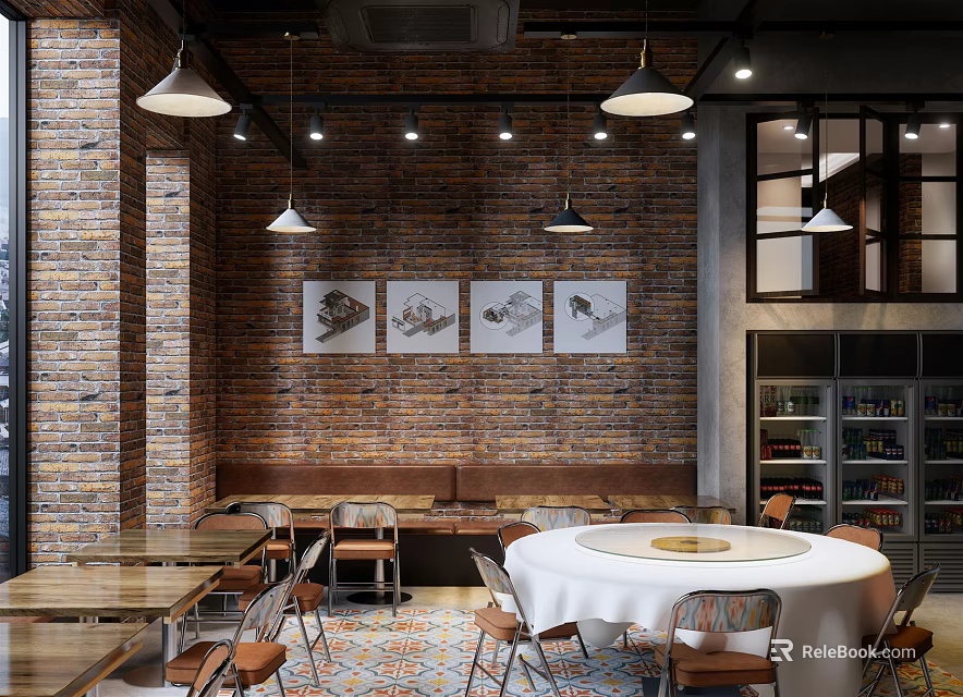 Industrial Restaurant Interior With Brick Wall Framed Paintings Pendant Lights And Round White Tablecloth 3d model 