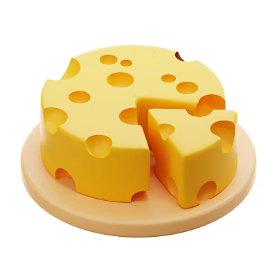 Yellow Round Cheese with Holes on Light Platter and Sliced Piece 3d model