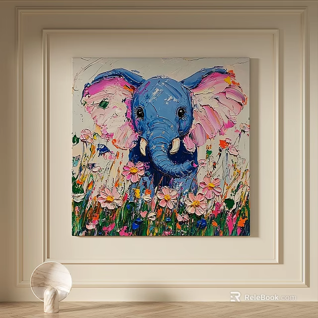 Vibrant Blue Elephant Oil Painting With Pink Ears And Colorful Flowers In Grass 3d model 