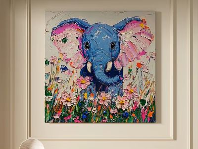 Vibrant Blue Elephant Oil Painting With Pink Ears And Colorful Flowers In Grass 3d model