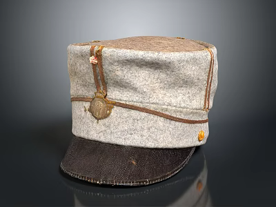 Vintage Military Style Wool Hat With Leather Brim And Metal Buckle 3d model