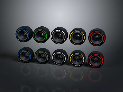 Multiple Colored Tires Featuring Unique Rim Designs Displayed On Gray Surface 3d model