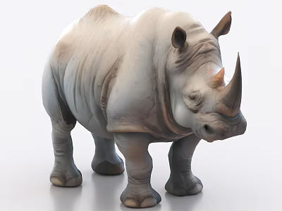 Realistic 3D Model of Grey Rhino Standing with Strong Horn and Textured Skin 3d model