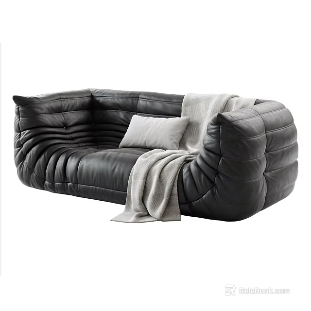 Black Leather Sectional Sofa With Padded Textured Design Light Blanket And Pillow 3d model 
