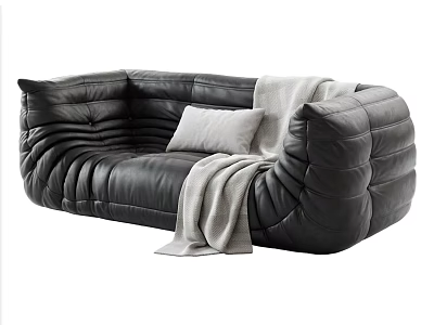 Black Leather Sectional Sofa With Padded Textured Design Light Blanket And Pillow 3d model