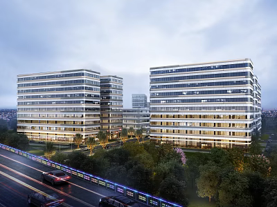 Modern Office Buildings With Road And Greenery Around 3d model