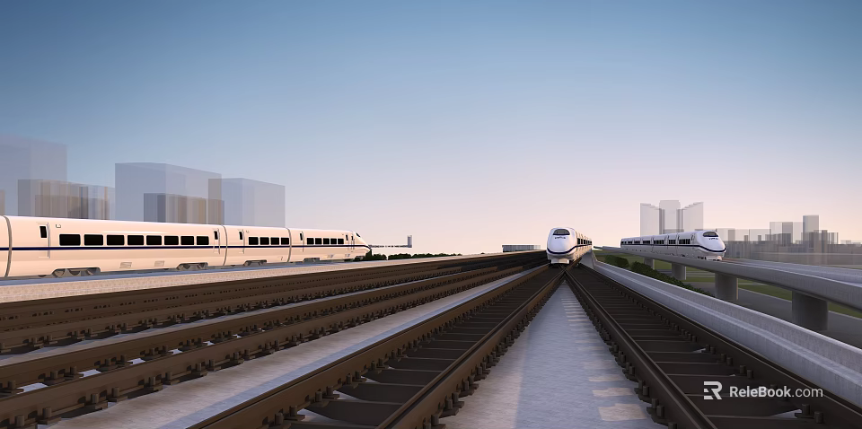 High Speed Train Moving On Rail Tracks With Modern Platform And Buildings 3d model 
