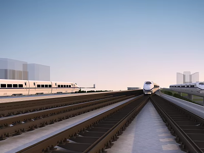 High Speed Train Moving On Rail Tracks With Modern Platform And Buildings 3d model