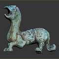 Ancient Bronze Mythical Beast Sculpture With Turquoise Patina Open Mouth And Curled Tail