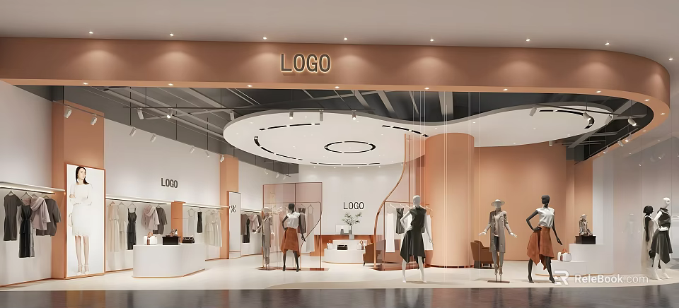 Modern Clothing Boutique With Mannequins Display Fashion Apparel Stylish Lighting And LOGO Signage 3d model 