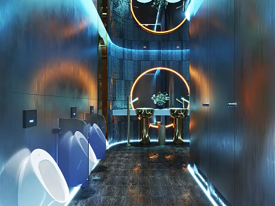 Futuristic Public Restroom Interior With Circular Lights Blue Orange Illumination And Metallic Walls 3d model