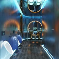 Futuristic Public Restroom Interior With Circular Lights Blue Orange Illumination And Metallic Walls