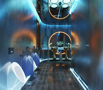 Futuristic Public Restroom Interior With Circular Lights Blue Orange Illumination And Metallic Walls 3d model