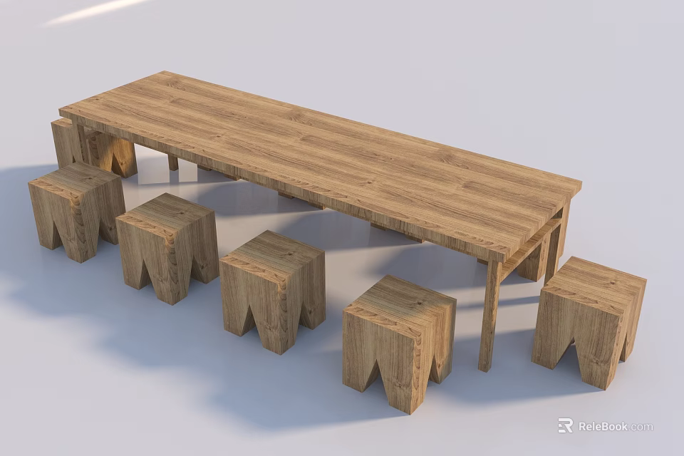 Natural Wooden Long Table And Stools Set With Simple Design For Dining 3d model 