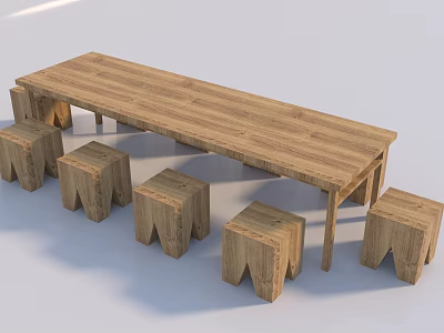 Natural Wooden Long Table And Stools Set With Simple Design For Dining 3d model