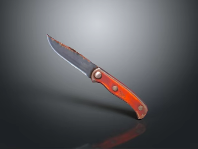 Weapon Folding Knife With Orange Handle And Rustic Blade On Dark Shiny Background 3d model