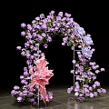 Event Entrance Floral Arch With Purple Pink Flowers And Pink Decorative Element On Tile Floor