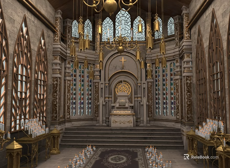 Ornate Church Interior With Stained Glass Windows Chandeliers Altar Cross And Candles 3d model 