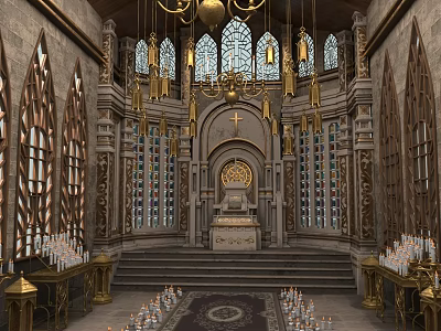 Ornate Church Interior With Stained Glass Windows Chandeliers Altar Cross And Candles 3d model