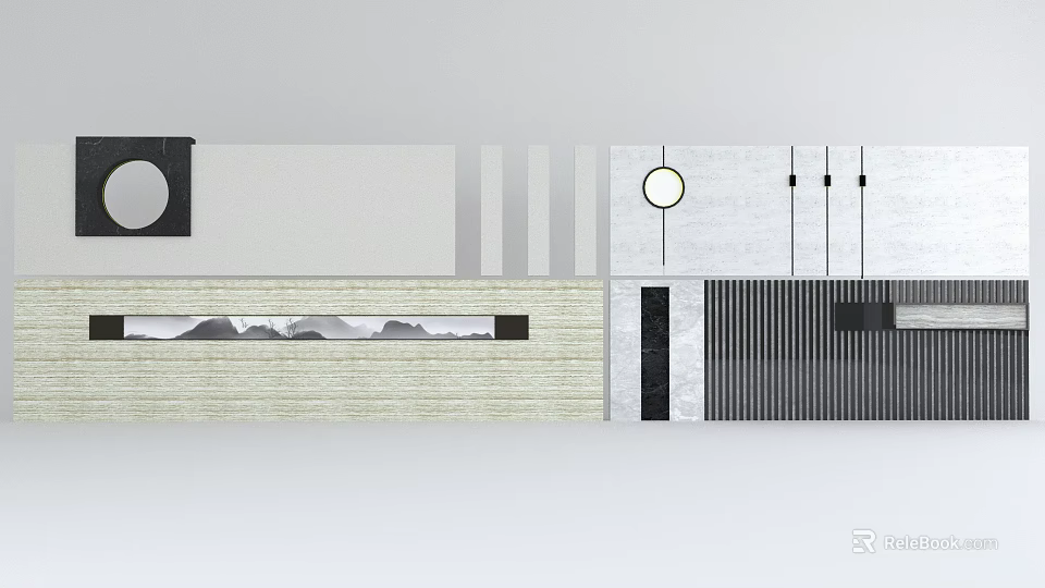 Modern Feature Wall Design With Geometric Patterns Circular Accents And Textured Panels 3d model