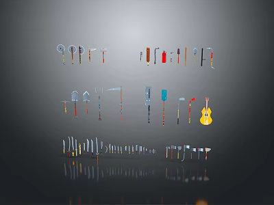 Display of Various Weapons Including Knives Axes Hammers Swords and Tools 3d model