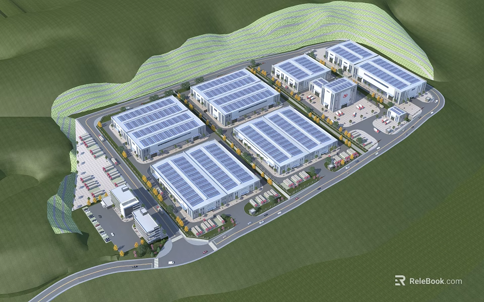 Well Designed Industrial Factory Park With Solar Panel Roofs Multiple Buildings Roads And Parking Areas 3d model 