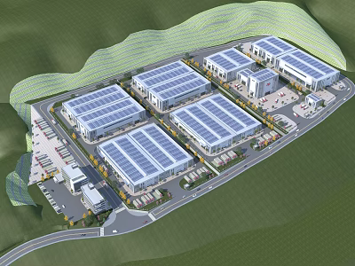 Well Designed Industrial Factory Park With Solar Panel Roofs Multiple Buildings Roads And Parking Areas 3d model