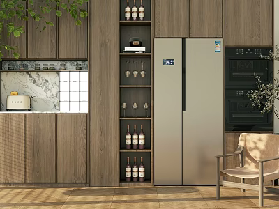 Modern Kitchen Sideboard With Wooden Finish Wine Racks And Storage Shelves 3d model
