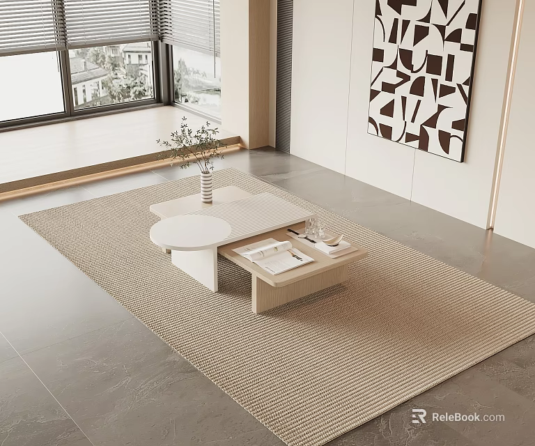 Modern Coffee Table On Beige Woven Rug With Geometric Wall Art And Large Window 3d model 