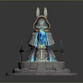 Rabbit Eared Character In Cloak With Blue Crystal On Glowing Pedestal And Spiked Decorations