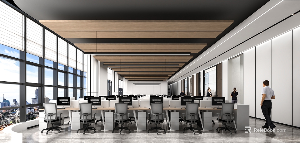 Spacious Public Office Space With Open Workstations Large Windows Natural Light And Wooden Ceiling 3d model 